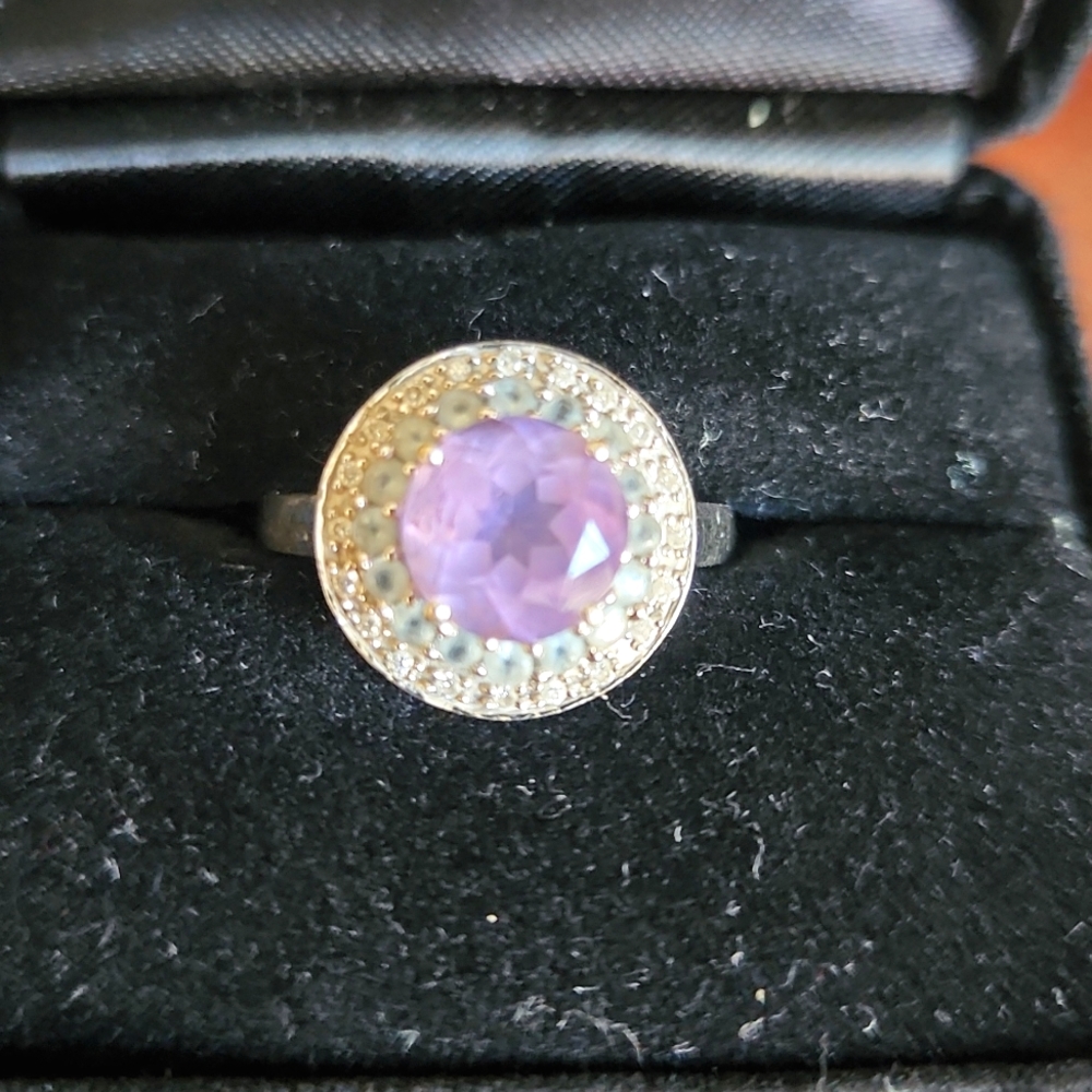 Amethyst 14KWG Ring with Aquamarine and Diamond Accents